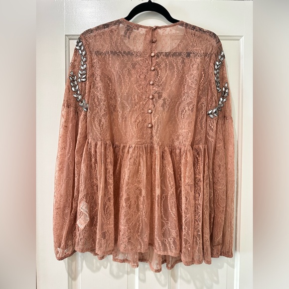 Forever 21 dainty lace long sleeve peplum embroidered sparkle beaded top blouse - Picture 9 of 15